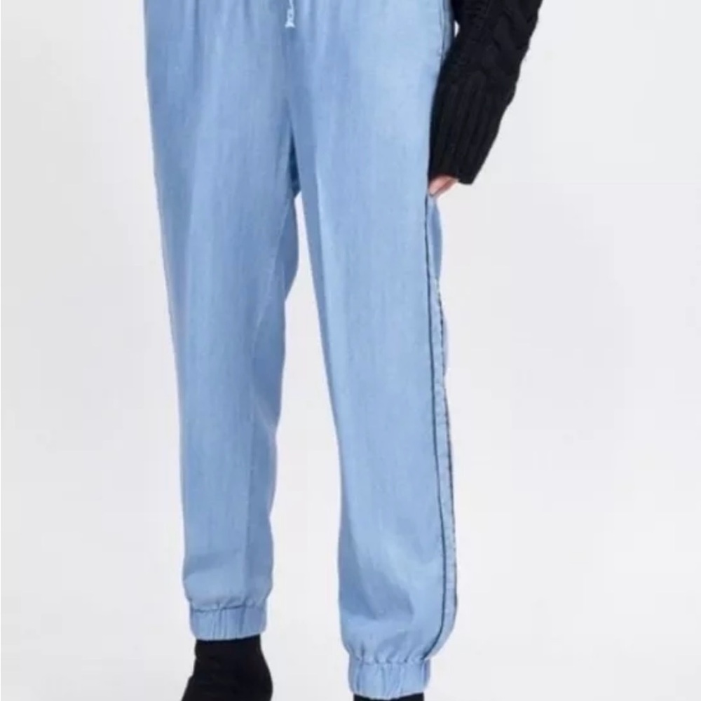 Zara Blue Chambray Tuxedo Striped Joggers in Size Medium
